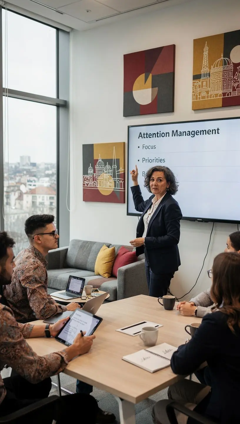 Diagramă clară care ilustrează pașii unei strategii de management al atenției pentru creșterea productivității.